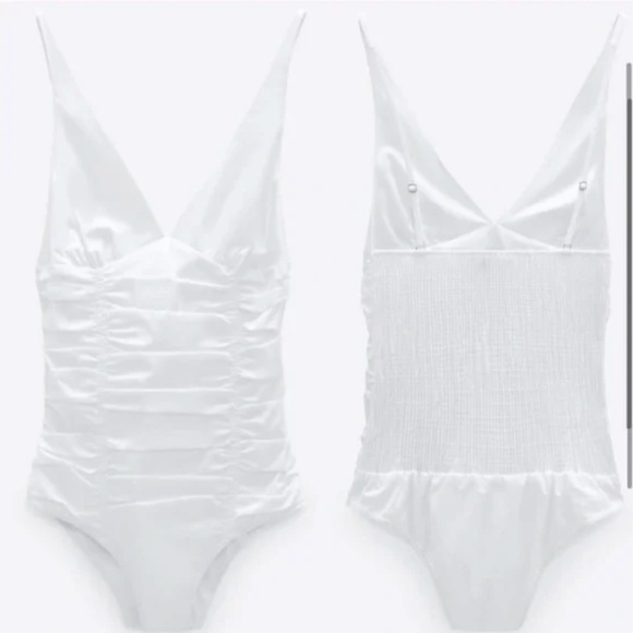 Zara Tops Zara Draped Poplin White Ruched Bodysuit Poshmark